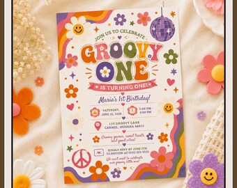 Groovy One Birthday Invitation, Retro Daisy Canva Template (Digital Download)