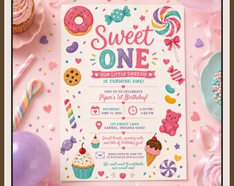 Faire-part d'anniversaire, thème Candyland, modèle de toile modifiable (téléchargement numérique)