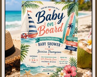 Baby on Board Baby Shower Invitation Template, Editable Beach Baby Shower Invite, Tropical Baby Shower Invitation