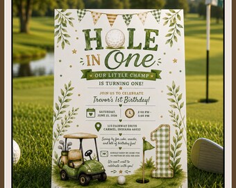 Modèle d'invitation d'anniversaire Trou d'un coup, invitation à une fête d'anniversaire pour le premier anniversaire de golf Canva