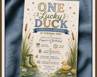 One Lucky Duck First Birthday Invitation, Watercolor Duckling Template (Digital Download)