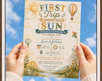 First Trip Around the Sun Birthday Invitation, Watercolor Hot Air Balloon (Digital Download)