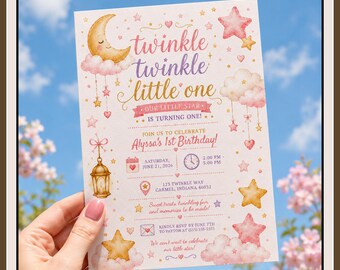 Twinkle Twinkle Little One First Birthday Invitation, Celestial Moon Star Theme (Digital Download)