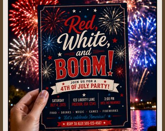 Red White and Boom 4th of July Invitation Template, Editable Patriotic Party Invite, Fireworks BBQ Canva Template