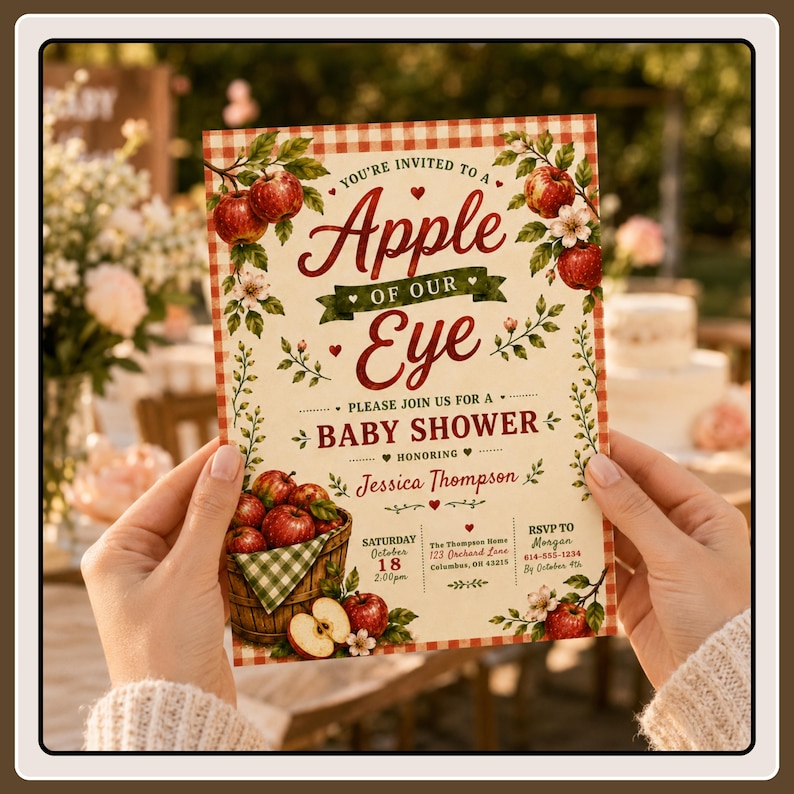 May include: A rectangular baby shower invitation card with a red and white gingham border. The text reads: You're invited to a Apple of our Eye, please join us for a baby shower honoring Jessica Thompson, Saturday October 18, 2:00pm.