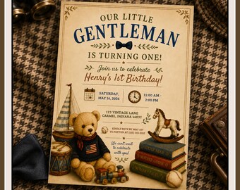 Our Little Gentleman Birthday Invitation Template, Editable Canva Vintage First Birthday Invite