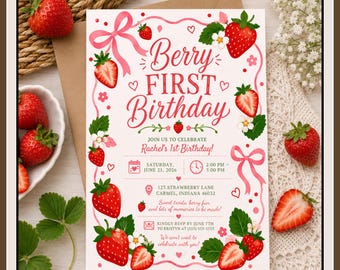 Watercolor Strawberry First Birthday Invitation, Sweet Berry Theme (Digital Download)