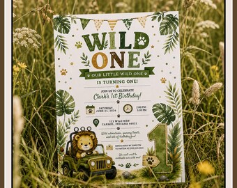 Modèle d'invitation d'anniversaire Wild One, invitation de premier anniversaire modifiable sur toile Safari jungle