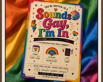 Sounds Gay I'm In Pride Invitation, Rainbow Disco Canva Template (Digital Download)