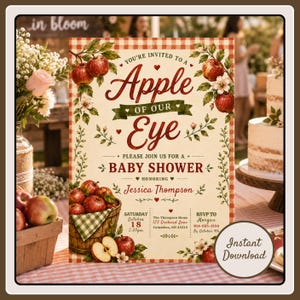 May include: A rectangular baby shower invitation card featuring a red and white gingham border, red apple illustrations, and green leaves. The text reads: You're invited to an Apple of our Eye baby shower honoring Jessica Thompson on October 18.