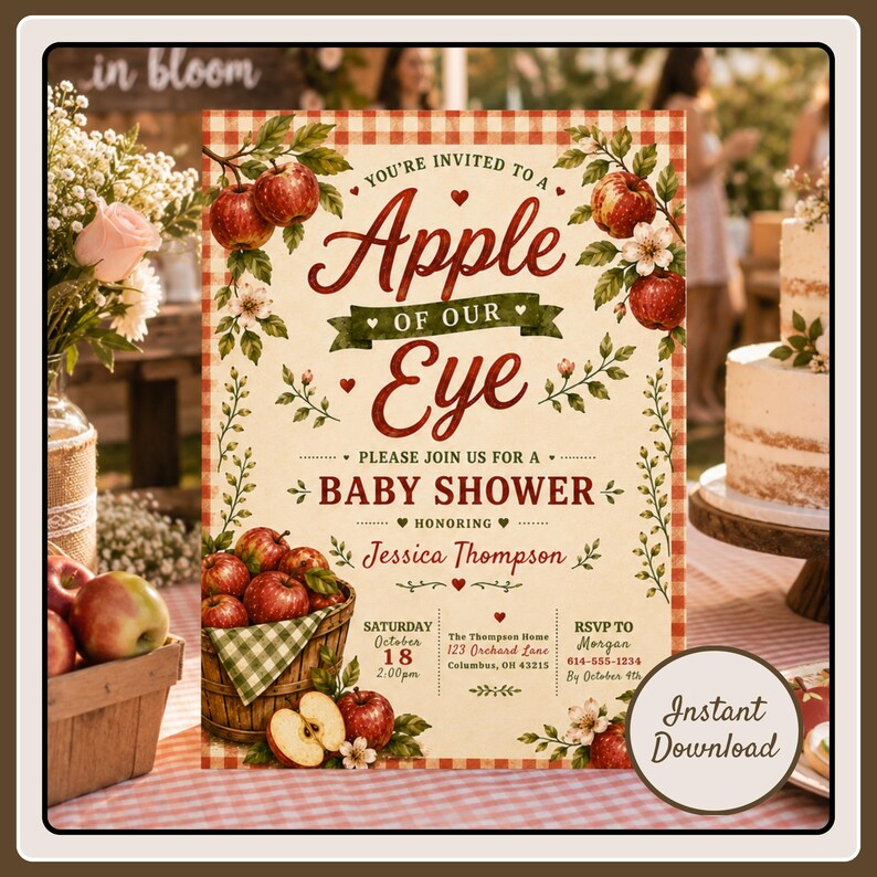 May include: A rectangular baby shower invitation card featuring a red and white gingham border, red apple illustrations, and green leaves. The text reads: You're invited to an Apple of our Eye baby shower honoring Jessica Thompson on October 18.