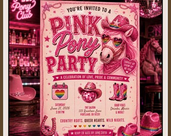 Pink Pony Party Pride Invitation Template, Editable LGBTQ Cowgirl Party Invite, Pink Disco Canva Template, Western Pride Party Invitation