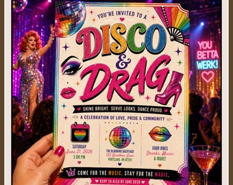 Disco Drag Pride Party Invitation, Editable Rainbow Canva Invite (Digital Download)