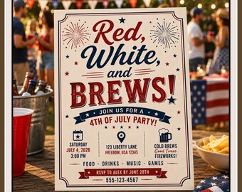 Red White and Brews Invitation Template, Editable 4th of July Party Invite, Patriotic BBQ Canva Invitation