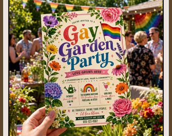 Gay Garden Party Invitation Template, Pride Party Invite, LGBTQ Garden Party, Editable Pride Invitation, Rainbow Garden Invite