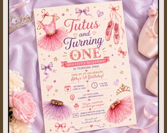Modèle d'invitation d'anniversaire Tutus et Turning One, invitation premier anniversaire modifiable dans une ballerine Canva