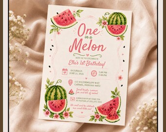 One In A Melon First Birthday Invitation, Watercolor Watermelon Summer Party Invite (Digital Download)