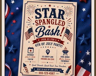 Star Spangled Bash Invitation Template, Editable 4th of July Party Invite, Patriotic BBQ Canva Invitation