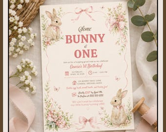 Some Bunny Is One Birthday Invitation, Watercolor Bunny Floral Invite (Digital Download)