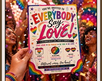 Pride Invitation Template, Rainbow LGBTQ Party Invite, Canva Celebration (Digital Download)