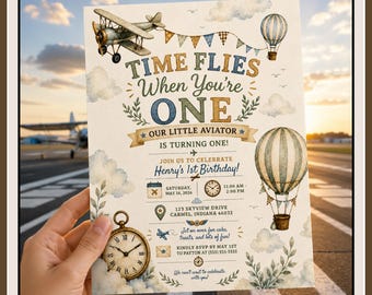 Aviator First Birthday Invitation, Time Flies Watercolor Planes (Digital Download)
