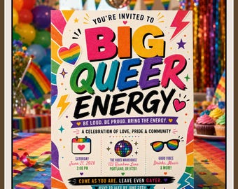 Big Queer Energy Pride Party Invitation Template, LGBTQ Pride Celebration Invite, Rainbow Disco Party Canva Template