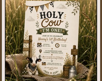 Holy Cow I’m One Birthday Invitation Template, Editable Canva Cow First Birthday Invite