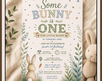 Faire-part d'anniversaire Un lapin, c'est un, aquarelle modifiable pour le premier anniversaire (téléchargement numérique)