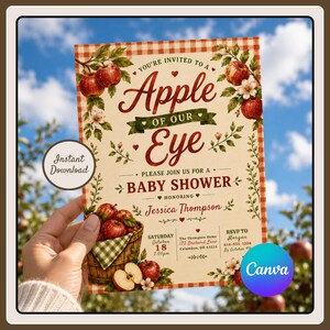 May include: A rectangular baby shower invitation card featuring a red and white gingham border, red apple illustrations, and a basket of apples. The text reads: You're invited to a Apple of our Eye, please join us for a baby shower honoring Jessica Thompson.