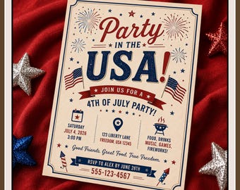 Party in the USA Invitation Template, Editable 4th of July Party Invite, Patriotic BBQ Canva Invitation