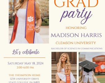Invito di laurea Clemson, modello Canva modificabile / Festa di laurea dei Tigers