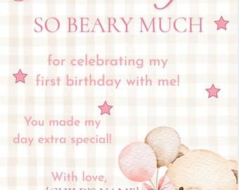 Biglietto di ringraziamento per il primo compleanno di Beary, modello Canva modificabile / Biglietto di ringraziamento per bambina orsetto
