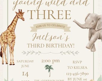 Invito di compleanno "Giovani Selvaggi e Tre Anni" - Modello Canv modificabile / Festa Safari per Bambini