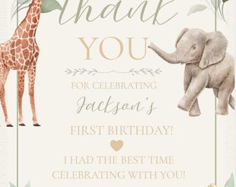 Biglietto di ringraziamento "Wild One" (modello Canva modificabile) / Primo compleanno a tema safari