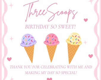 Modello di biglietto di ringraziamento per il compleanno a tema gelato / Ringraziamento per il compleanno a tema gelato / Biglietto di auguri per una dolce festa modificabile