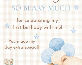 Biglietto di ringraziamento per il primo compleanno di Beary, modello Canva modificabile / Ringraziamento con orsacchiotto