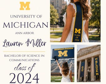 Invito di laurea del Michigan, modello Canva modificabile / Festa di laurea UM