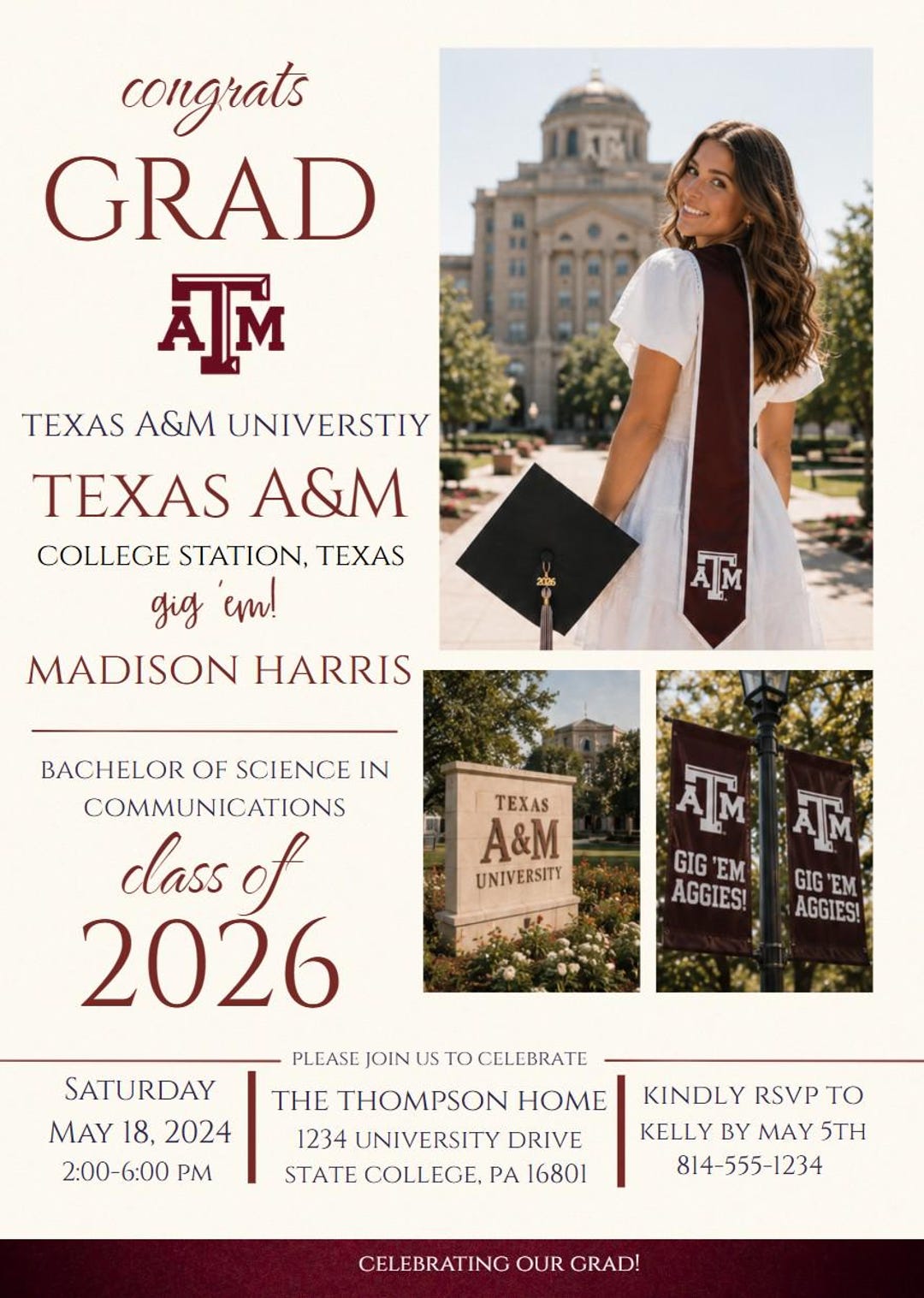 Texas A&M Graduation Invitation Editable Canva Template | Aggies Grad ...