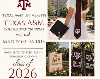 Invito di laurea Texas A&M, modello Canva modificabile / Festa di laurea Aggies