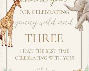 Biglietto di ringraziamento "Young Wild and Three" modificabile su Canva / Biglietto di ringraziamento per compleanno a tema safari