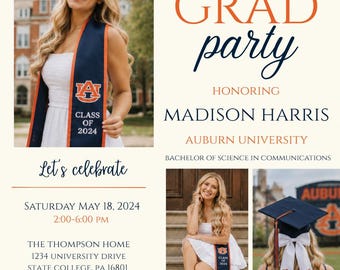 Invito di laurea ad Auburn, modello Canva modificabile / Festa di laurea dei Tigers