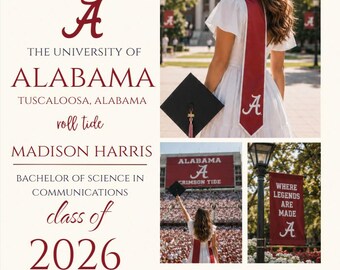 Invito di laurea in Alabama, modello Canva modificabile / Festa di laurea "Roll Tide"