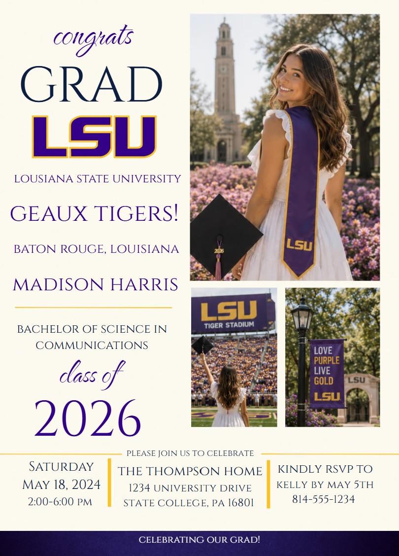 LSU Graduation Invitation Editable Canva Template | Tigers Grad Party ...