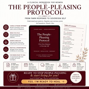 May include: A clinical workbook titled "The People-Pleasing Protocol" with text and graphics. The cover features the title and subtitle, "From Fawn Response to Sovereign Self." Additional text describes the book's focus on psychology, nervous system, and embodiment.