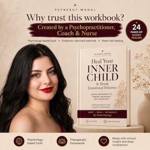 Puede incluir: Un libro de ejercicios beige titulado Heal Your Inner Child & Break Emotional Patterns de Manal Psynergy. La portada presenta texto en marrón oscuro, un indicador de 24 páginas y menciona herramientas basadas en psicología.