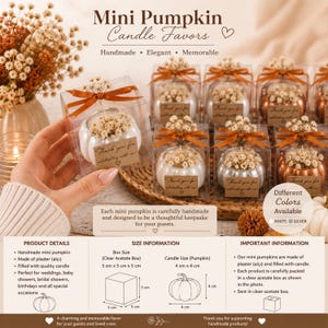 May include: Mini pumpkin-shaped candles in clear 5 cm x 5 cm x 5 cm acetate boxes. Each 4 cm x 4 cm plaster pumpkin candle is topped with dried flowers and a brown ribbon. A brown tag reads, Thank you for celebrating with us! Available in white and silver.