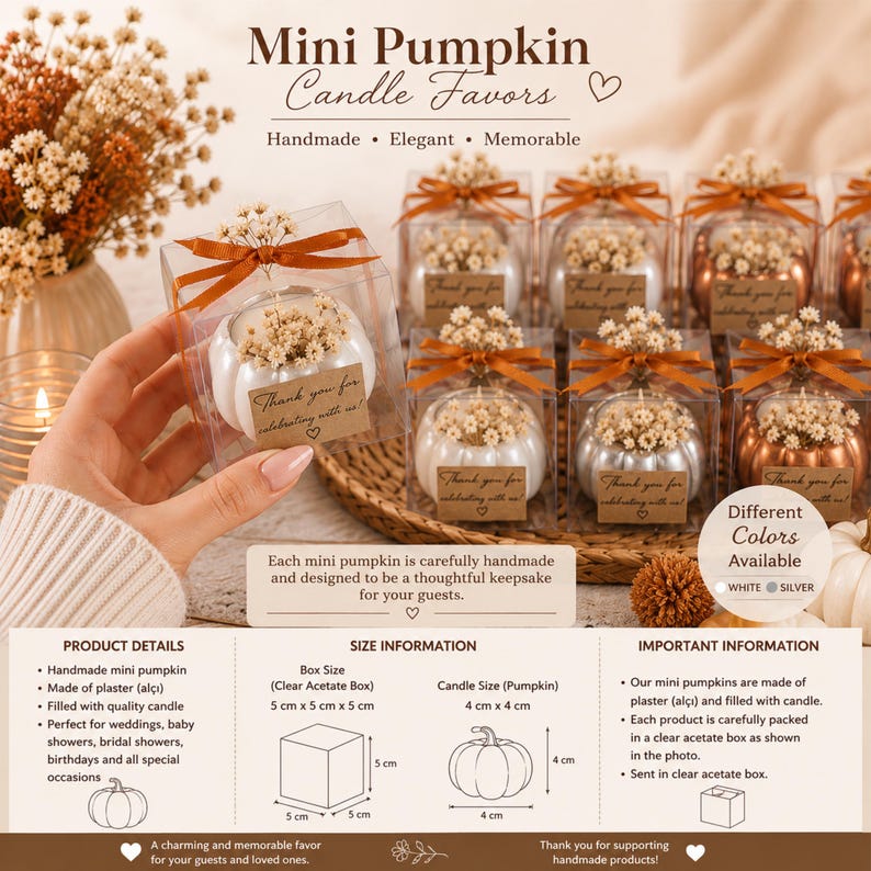 May include: Mini pumpkin-shaped candles in clear 5 cm x 5 cm x 5 cm acetate boxes. Each 4 cm x 4 cm plaster pumpkin candle is topped with dried flowers and a brown ribbon. A brown tag reads, Thank you for celebrating with us! Available in white and silver.