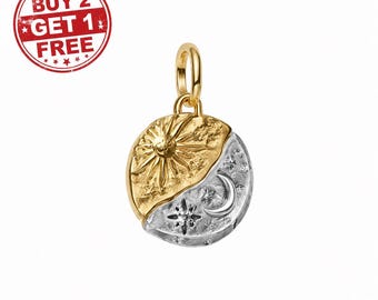 Sun and Moon Medallion Charm, 625 Silver Celestial Charm for Bracelet, Necklace Pendant, Spiritual Jewelry Gift for Her, Moon Charm