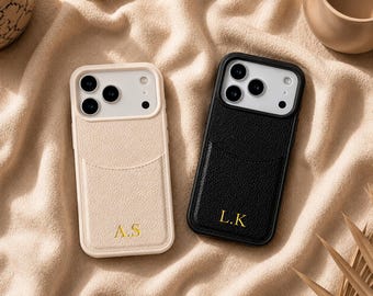 Personalized Pebbled Leather Phone Case with Card Holder, Custom Name Monogram iPhone Case for iPhone 17 16 15 14 13 12 Pro Max, Wallet Case
