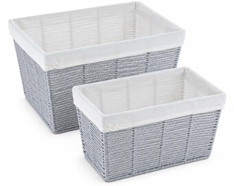 Gray Woven Storage Basket with Removable Liner, Paper Rope Organizer Bin, Farmhouse Shelf Basket, Closet Storage Basket, Home Decor